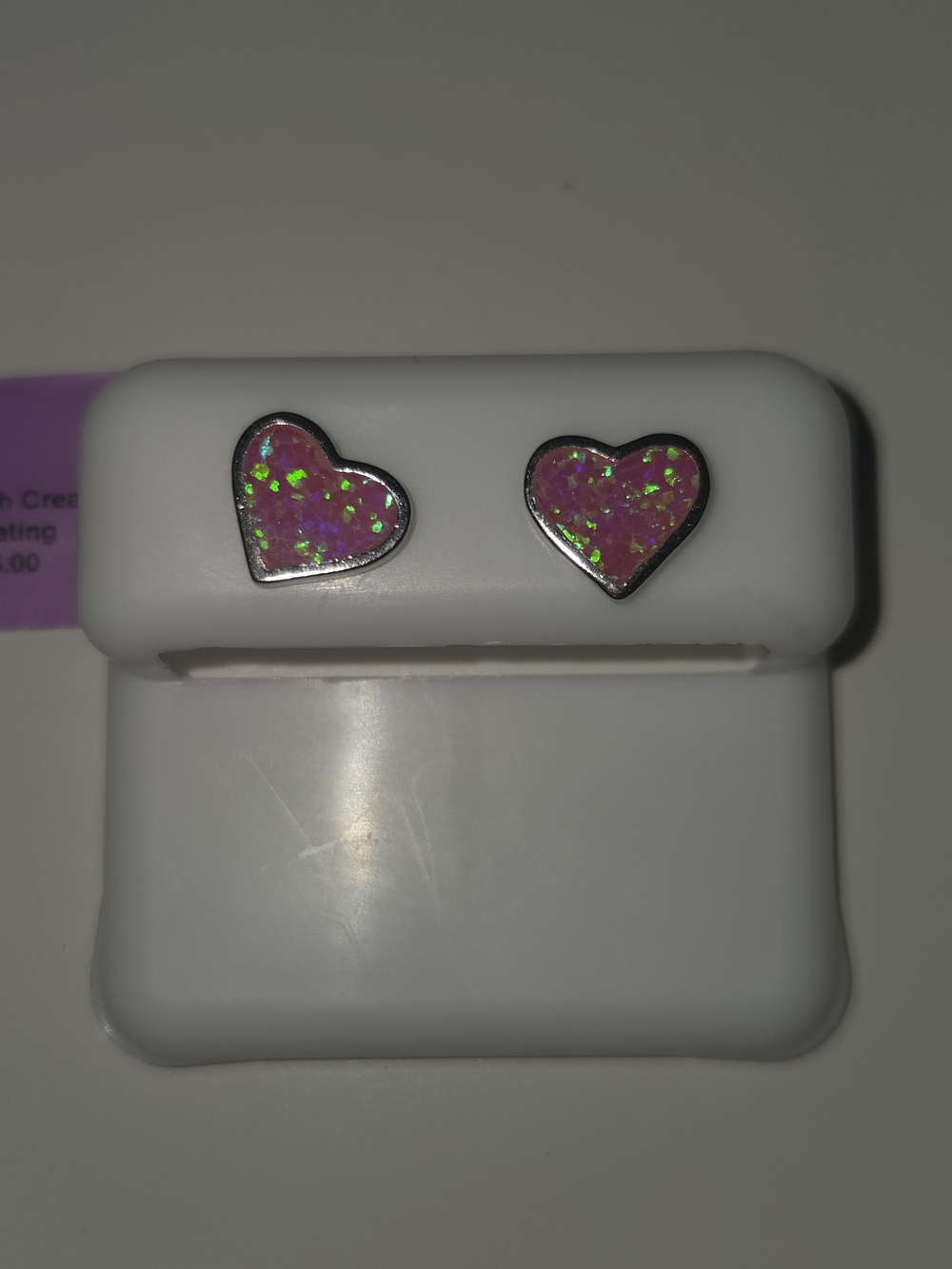 Pink Fire Created Opal Heart Stud Rhodium Plated Over Sterling Silver Earrings